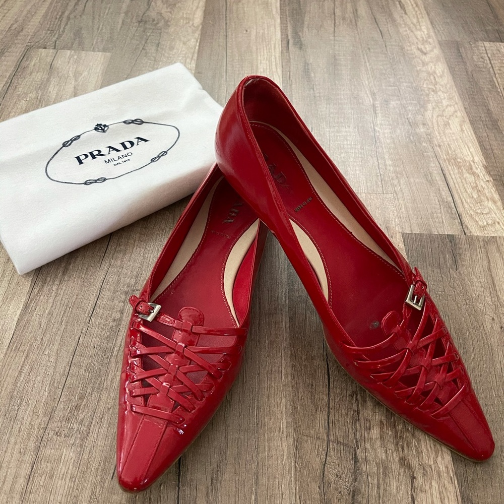 Prada Red Patent Leather Pointed Toe Flats 37.5